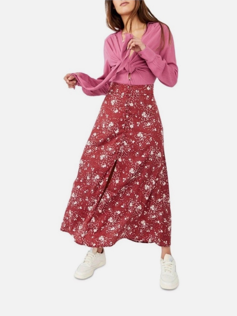 Free People Button Down Midi Skirt Cranberry